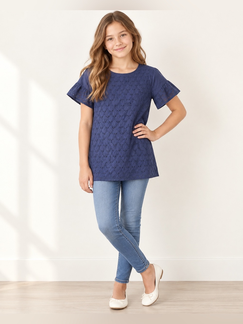 Cat & Jack Girls L 10/12 Navy Blue Eyelet Embroidered Cotton Tunic Top NWT